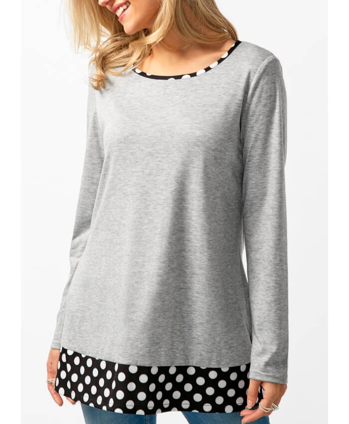 Button Back Polka Dot Print Grey T Shirt